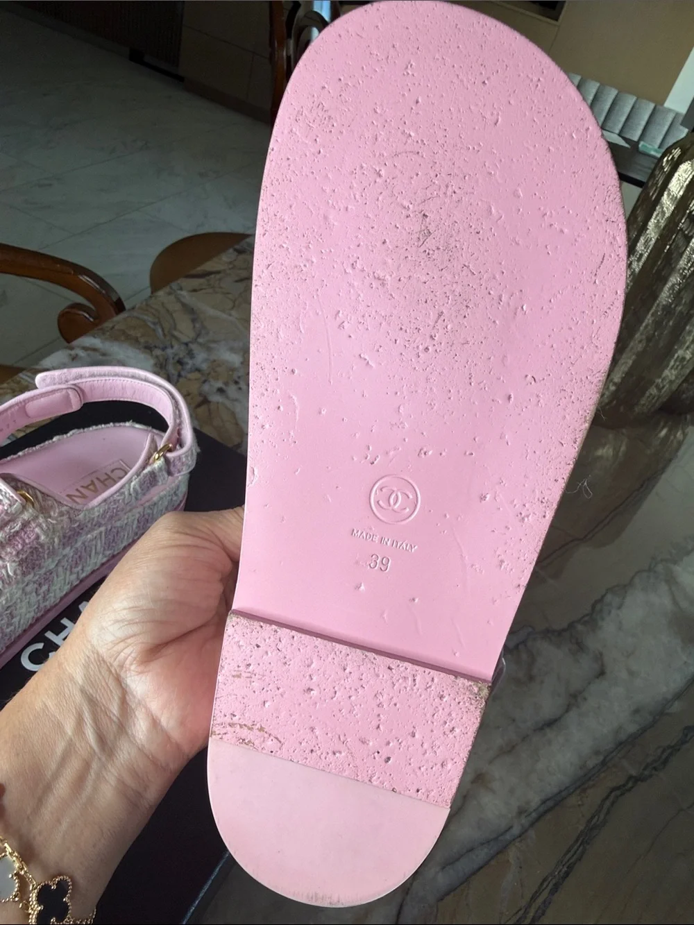 CHANEL Pink Tweed Women’s Sandals with Gold CC Buttons.